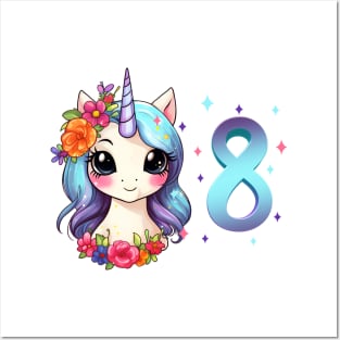 I am 8 with unicorn - girl birthday 8 years old Posters and Art